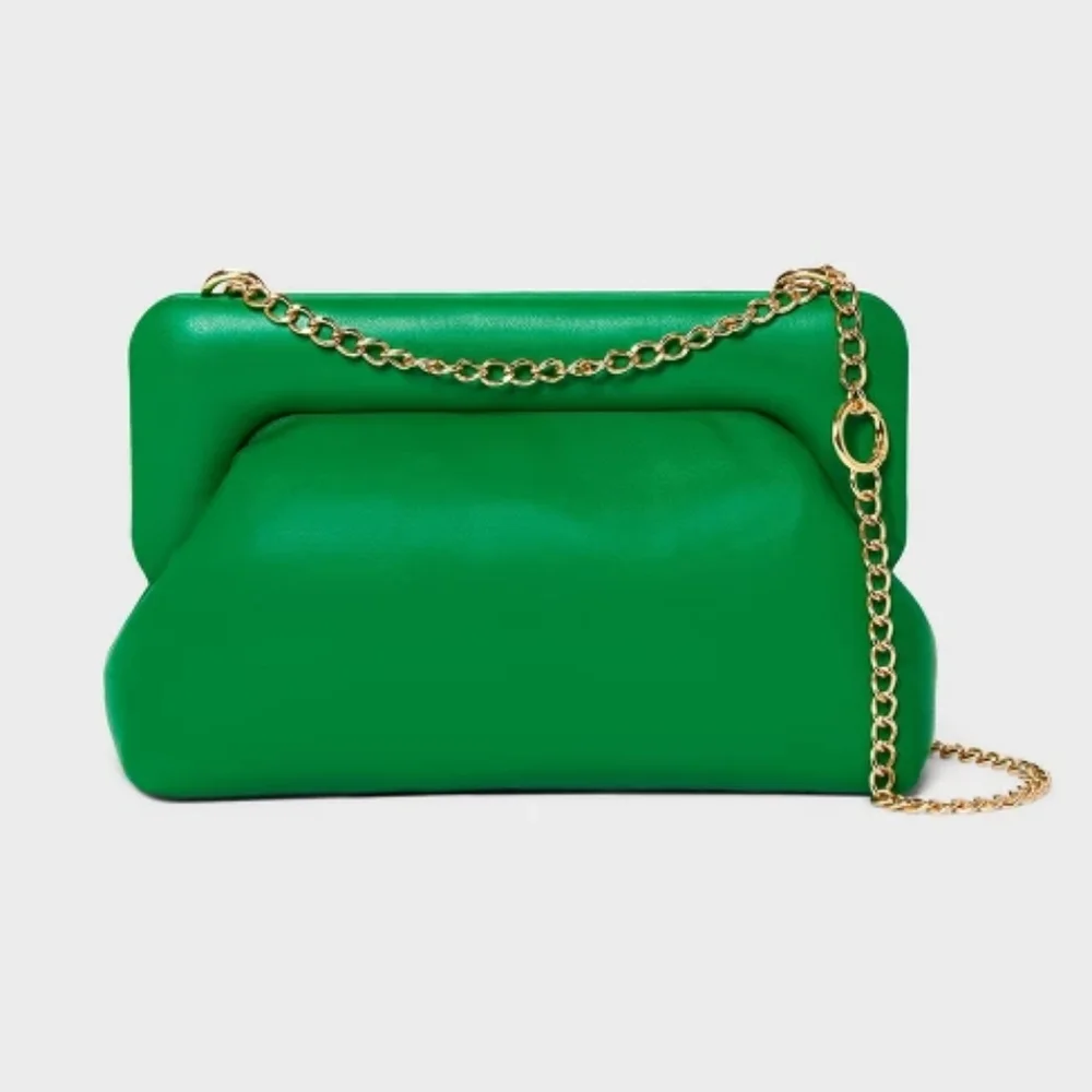 New Puff Clutch Vibrant Green Faux Leather - Sleek Gold Chain Strap Shoulder Bag